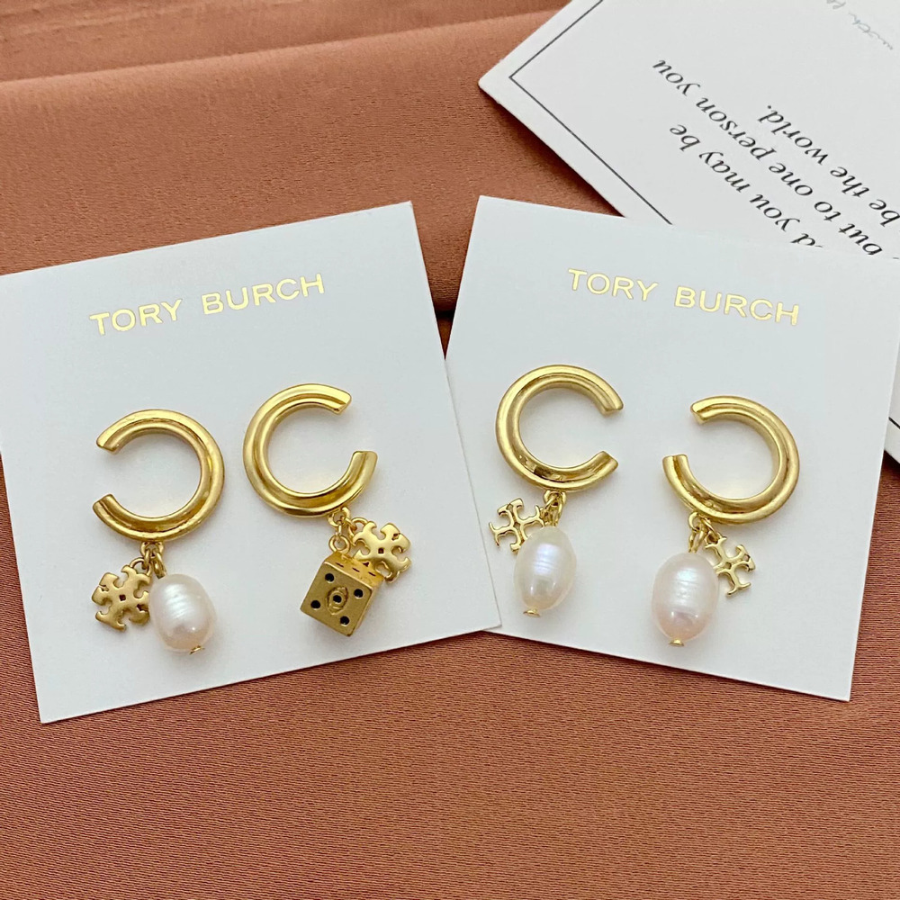 Tory Burch Embedded 3D Letters Freshwater Pearl Dice Pendant Earrings